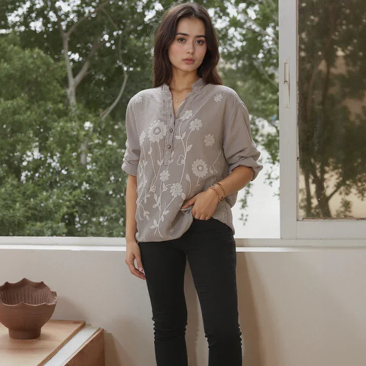 Raniero™ Blouse in Cotton Linen with Delicate Floral Embroidery / Handcrafted Sophistication that Transforms Casual into Elegant!