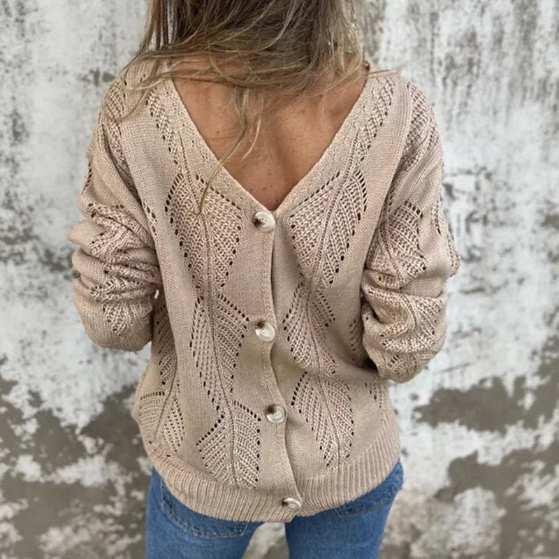 Vivienne™ Open-Knit Reversible Sweater with Double V-Neck and Button Detail / The Open-Knit Touch that Combines Comfort and Sophistication!