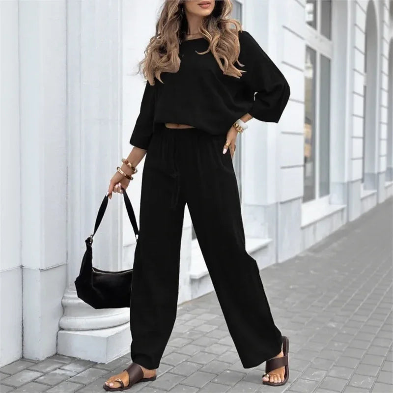 Stephanie™ Cotton Linen Set with Casual Blouse and Straight-Leg Pants / Modern Versatility at its Most Chic!