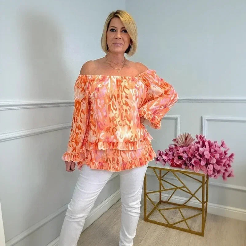 Bellagio™ Off-the-Shoulder Blouse with Layered Ruffles and Artistic Print / Sophistication and Lightness in Perfect Harmony!