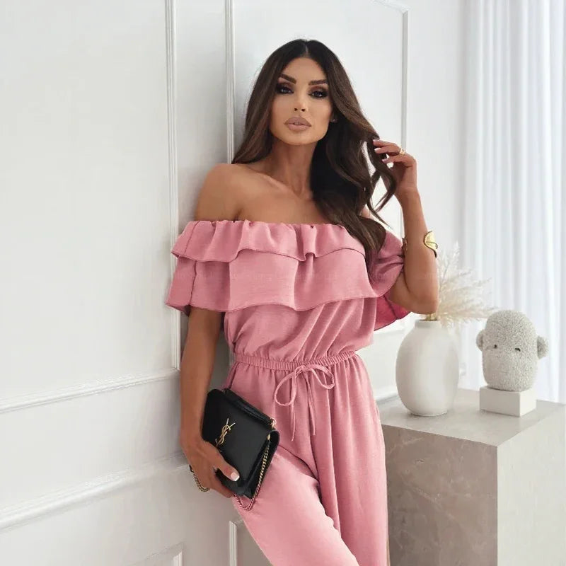 Sydney™ Off-the-Shoulder Jumpsuit with Ruffles and Flowing Pants / Visual Impact with Absolute Comfort!