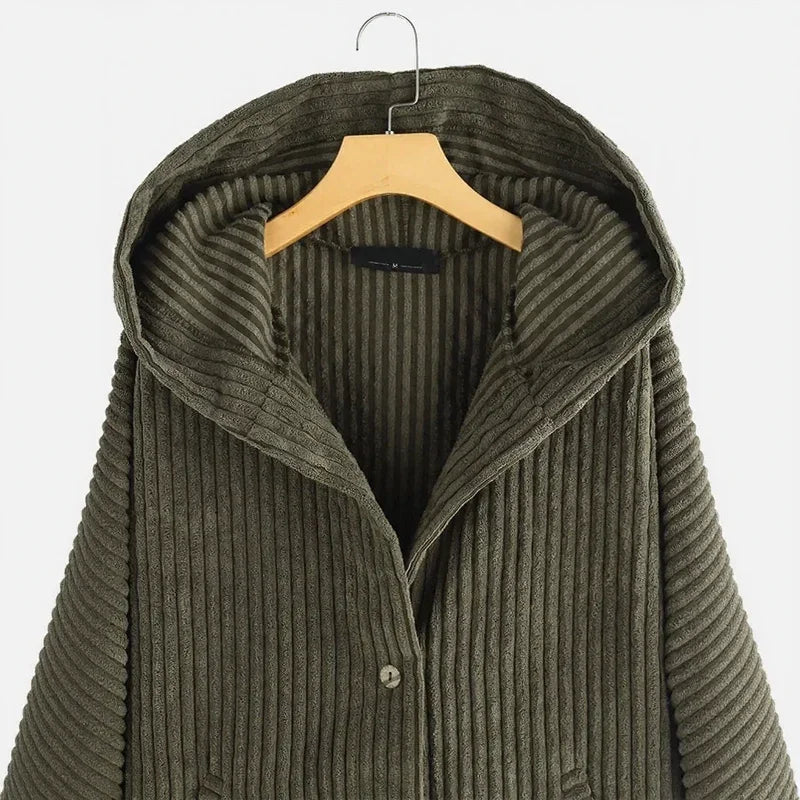CloudWarm™ Ribbed Velvet Coat with Large Hood and Side Buttons / The Versatile Piece that Fights the Cold with Style and Practicality!