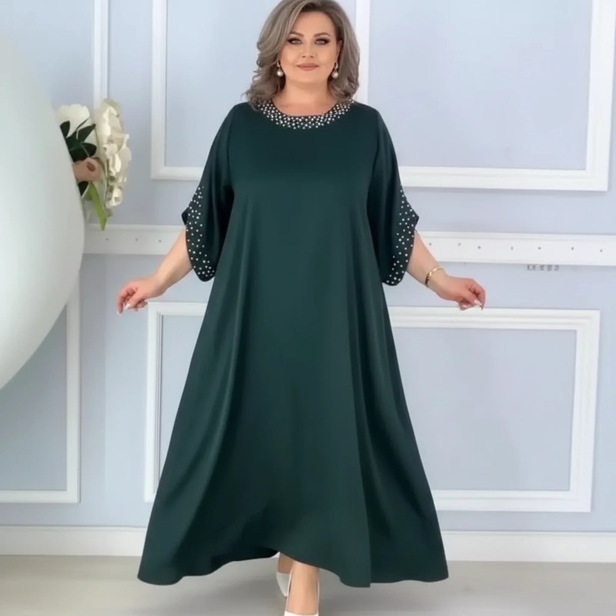 Helena Classic™ Viscose Dress with Embellished Neckline and Sleeves / Classic Elegance with a Touch of Glamour for Every Occasion!