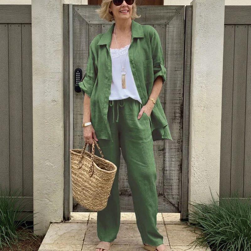 Yasmine™ Cotton-Linen Set with Adjustable-Sleeve Button-Up Shirt