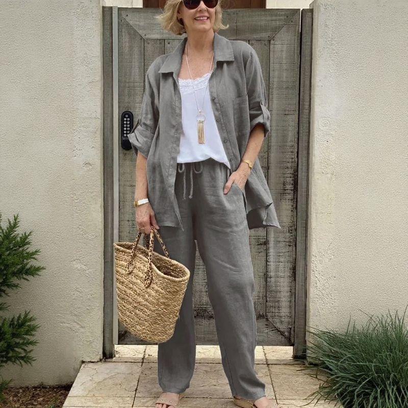 Yasmine™ Cotton-Linen Set with Adjustable-Sleeve Button-Up Shirt