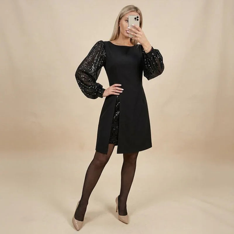 Penelope™ Midi Dress with Shimmer Puff Sleeves & Elegant Front Slit