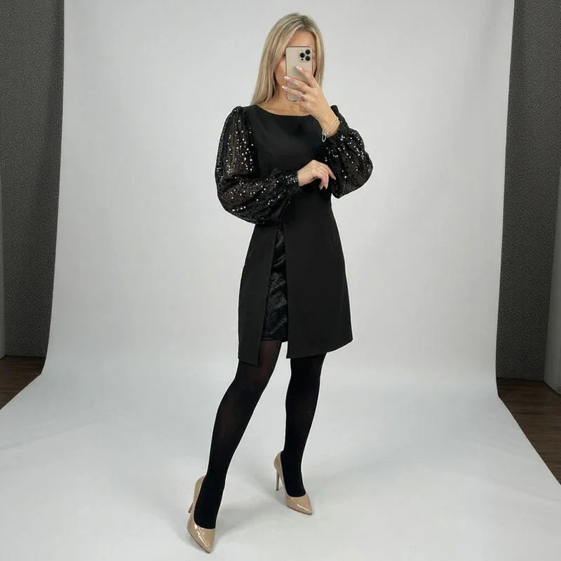 Penelope™ Midi Dress with Shimmer Puff Sleeves & Elegant Front Slit
