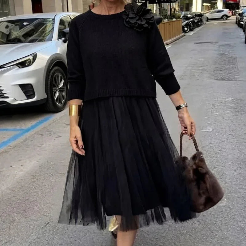 Yuna™ Pleated Midi Dress with 3/4 Sleeve Top Layer