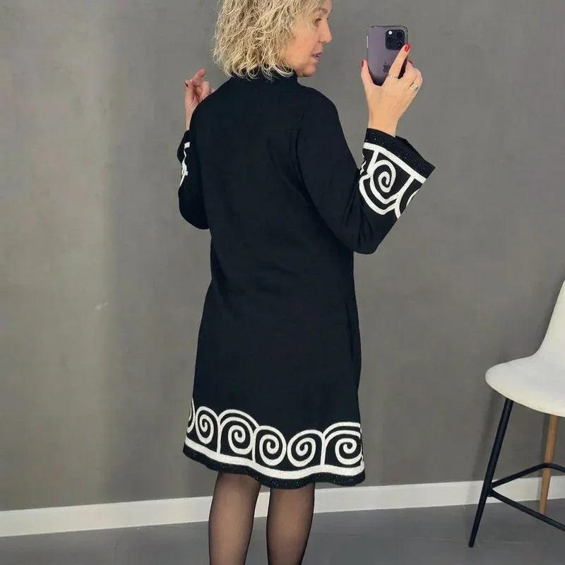 Iris™ Midi Dress with Greek Key Hem and Ornate Cuffs