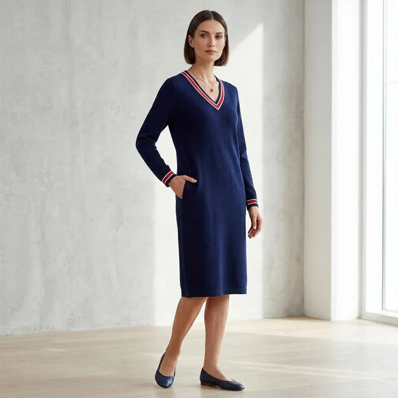 Freya™ Midi Dress with Contrast V-Neck and Sport-Chic Pockets