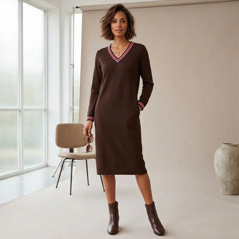 Freya™ Midi Dress with Contrast V-Neck and Sport-Chic Pockets