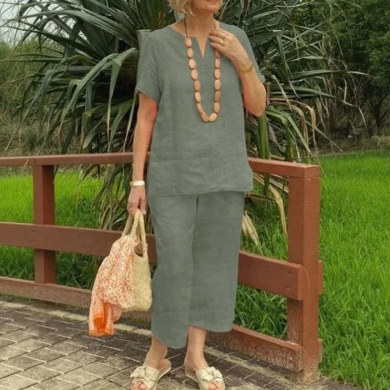 Emma™ Cotton-Linen Set with Split V-Neck