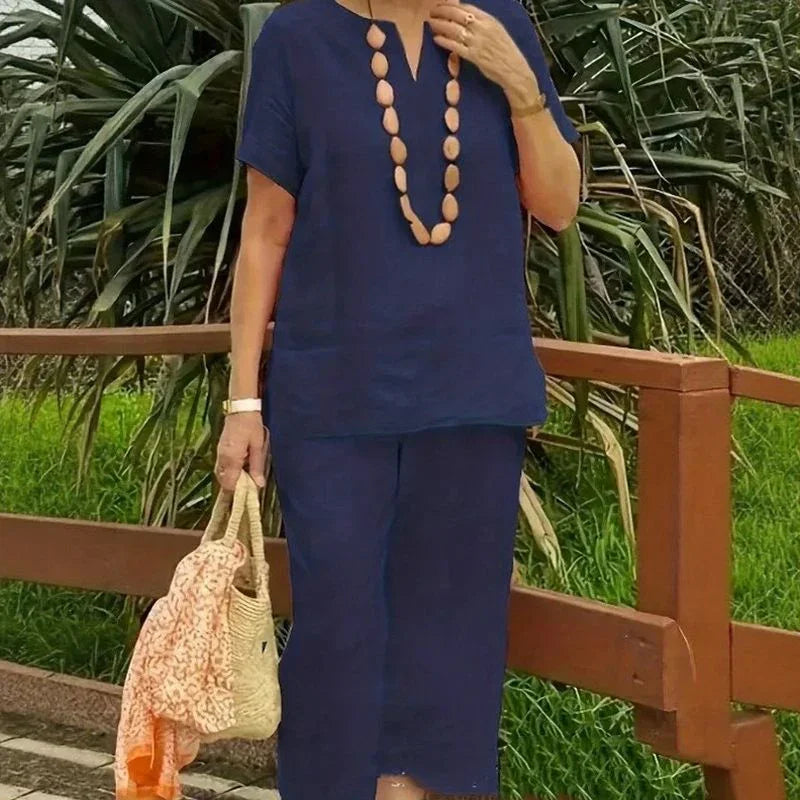 Emma™ Cotton-Linen Set with Split V-Neck