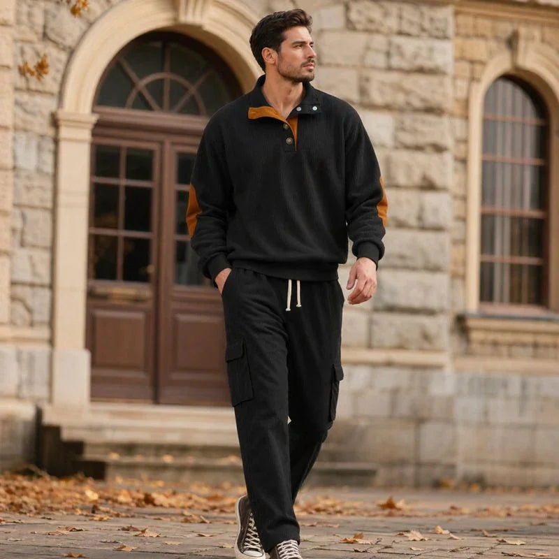Lars™ Premium Textured Knit Set with Button-Up Mock Neck Top