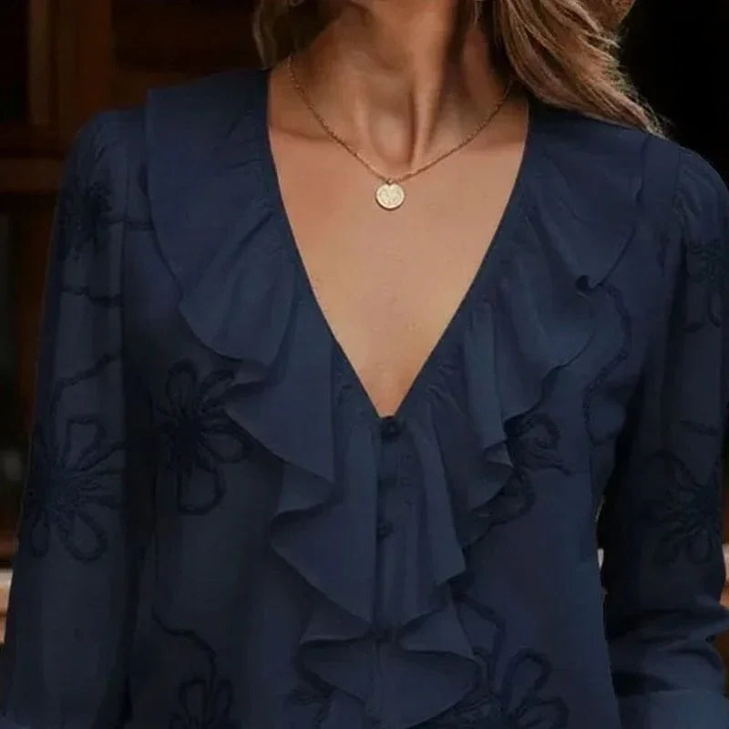 Anneliese™ V-Neck Blouse with Front Ruffles and Floral Embroidery
