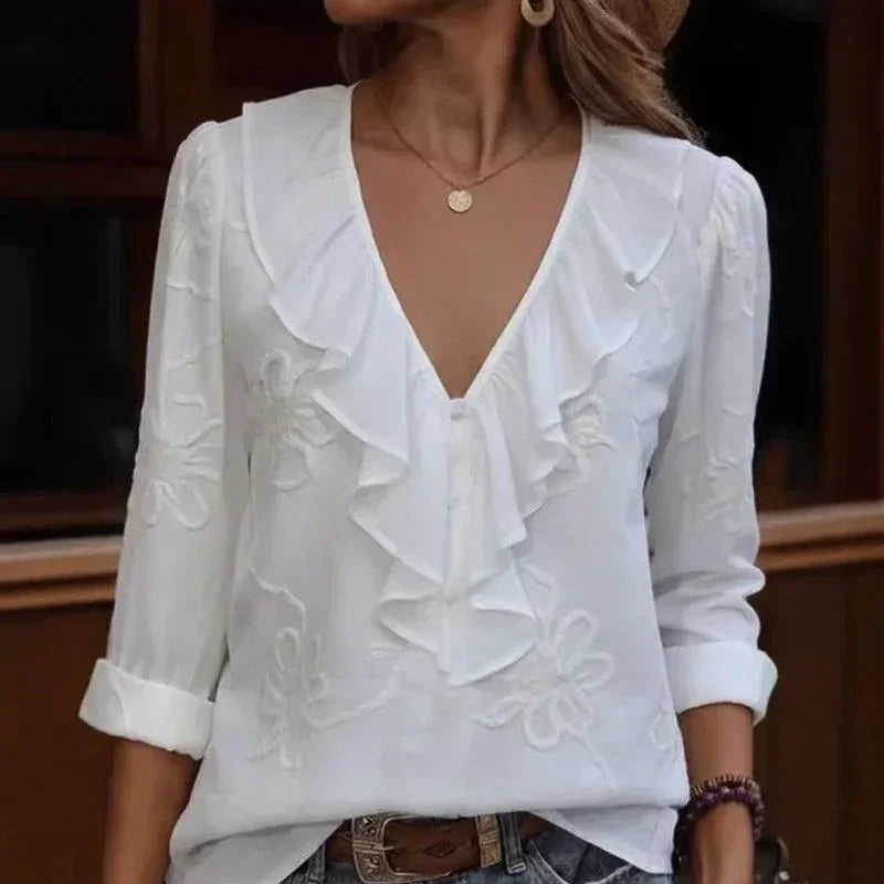 Anneliese™ V-Neck Blouse with Front Ruffles and Floral Embroidery