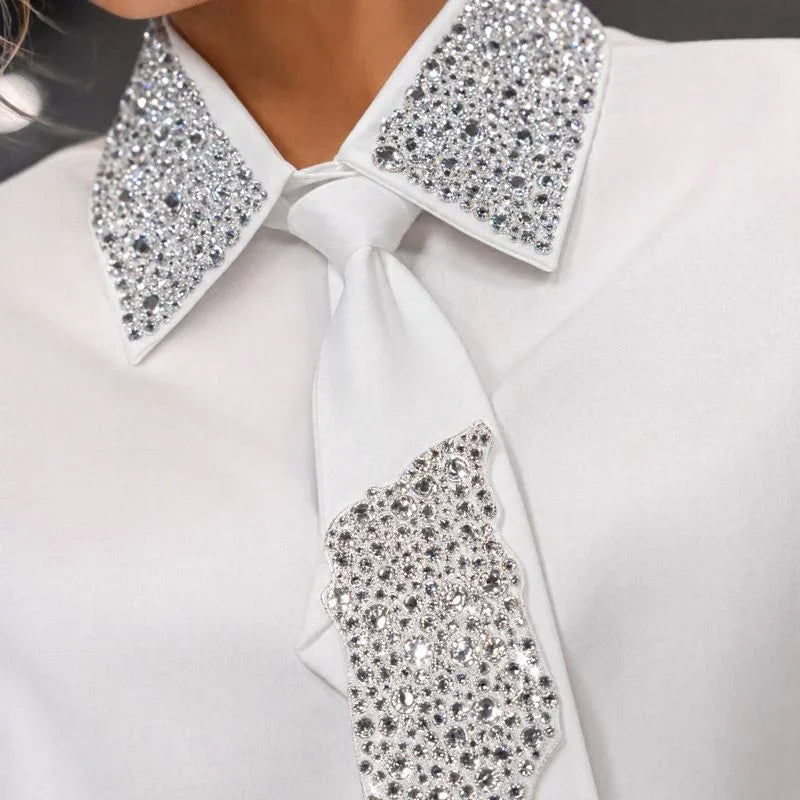Louise™ Long Sleeve Shirt with Tie Neck and Sparkling Rhinestone Details