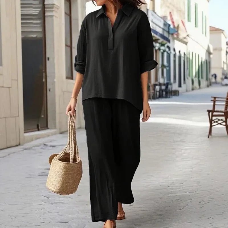 Karin™ Set Long-Sleeve Shirt with Buttoned V-Neck and Wide-Leg Palazzo Pants