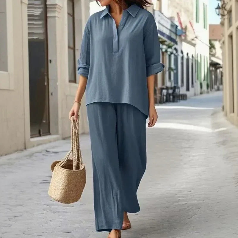 Karin™ Set Long-Sleeve Shirt with Buttoned V-Neck and Wide-Leg Palazzo Pants