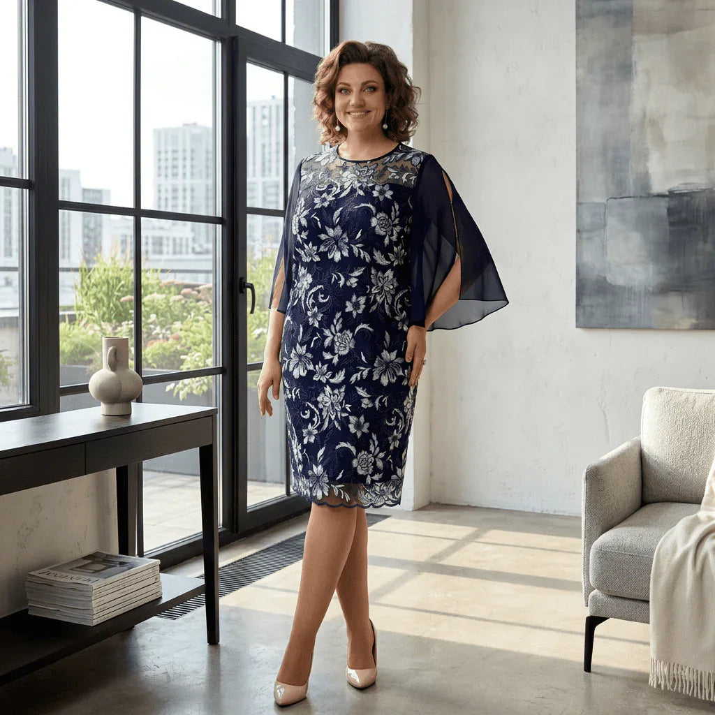 Diana™ Midi Dress with White Floral Print and Sheer Cape-Style Sleeves