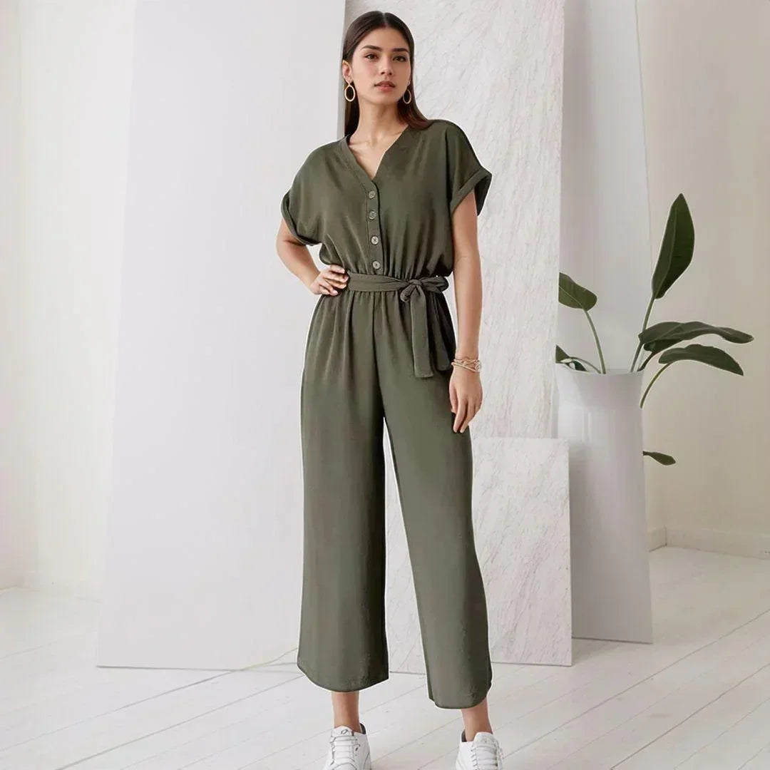 Evelyne™ Jumpsuit in Soft Fabric with Buttons and Tie Waist