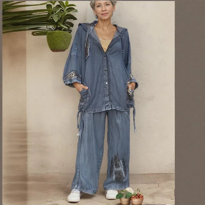 Leona Grace™ Set in Washed Denim with Leopard Print / A Wild, Sophisticated, and Unusual Look!