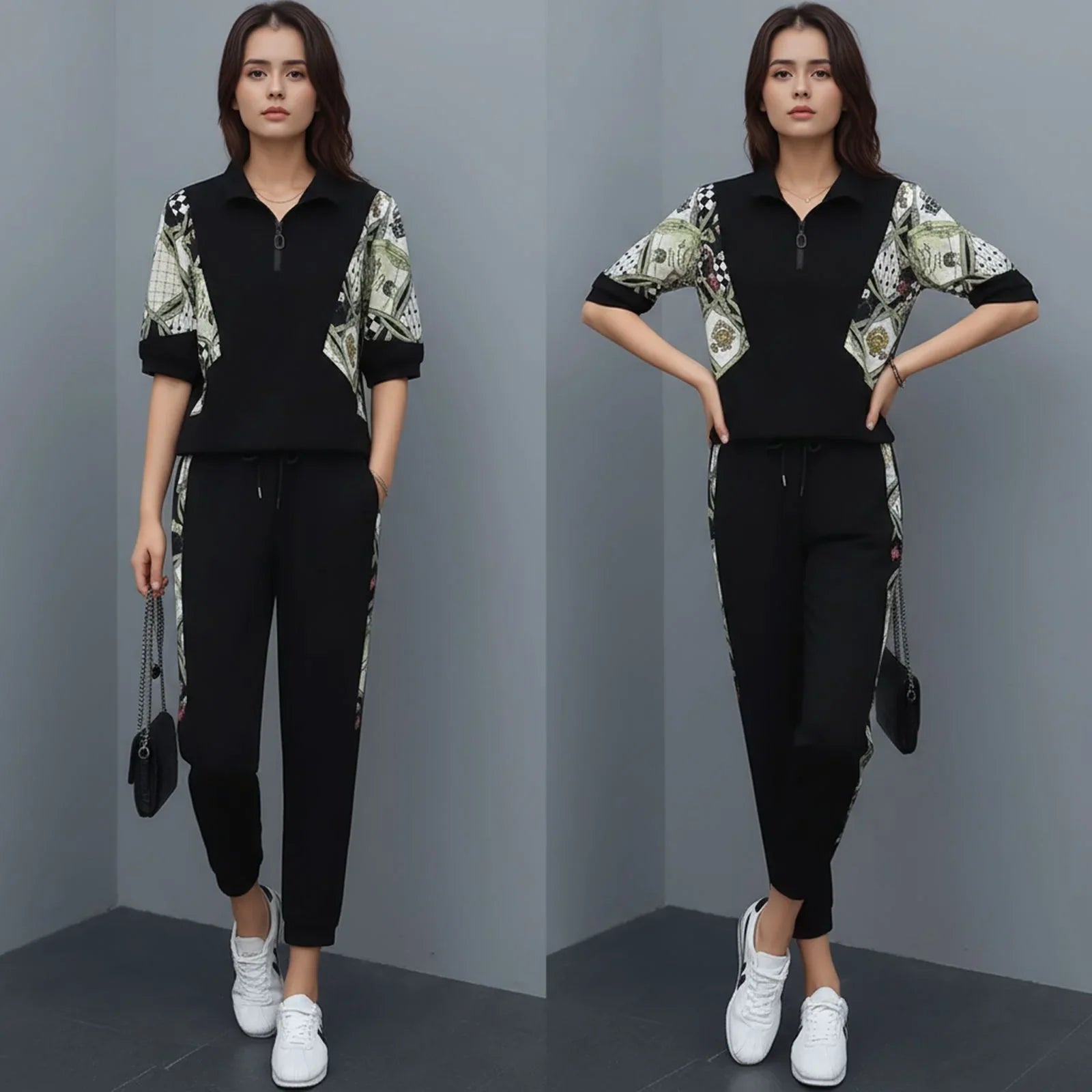Mosaic™ Set with Zipper Collar and Contrasting Print / Art, Movement, and Comfort in Every Stroke