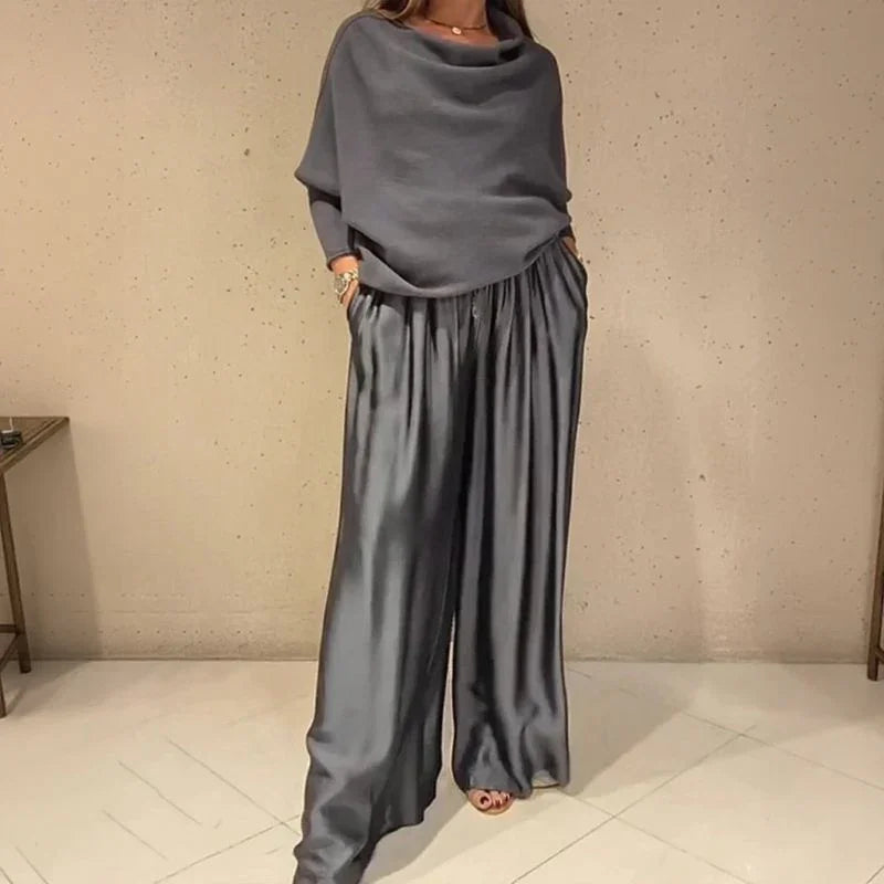 Nysa™ Set with Satin Pants and Premium Knit Blouse Cozy / Comfortable Elegance with Discreet Luxury!
