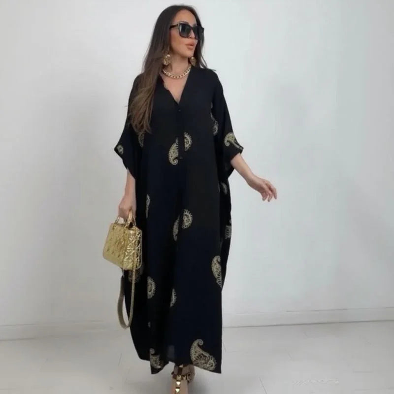Zahara™ Dress in Flowing Viscose with Gold Embellishments / Sculptural Sophistication for Women with a Striking Presence!
