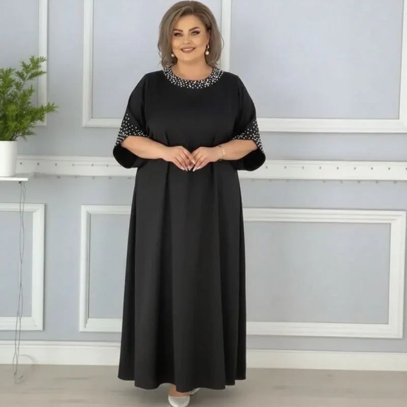 Helena Classic™ Viscose Dress with Embellished Neckline and Sleeves / Classic Elegance with a Touch of Glamour for Every Occasion!