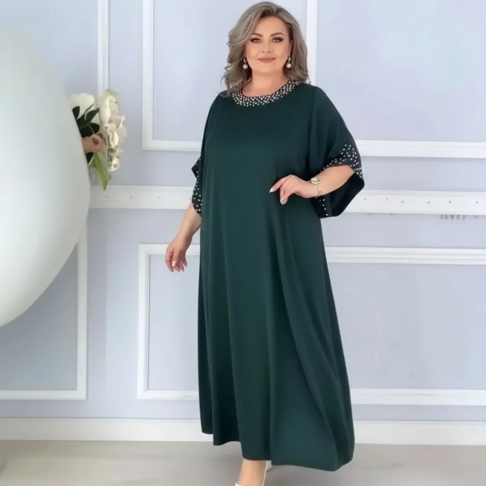 Helena Classic™ Viscose Dress with Embellished Neckline and Sleeves / Classic Elegance with a Touch of Glamour for Every Occasion!