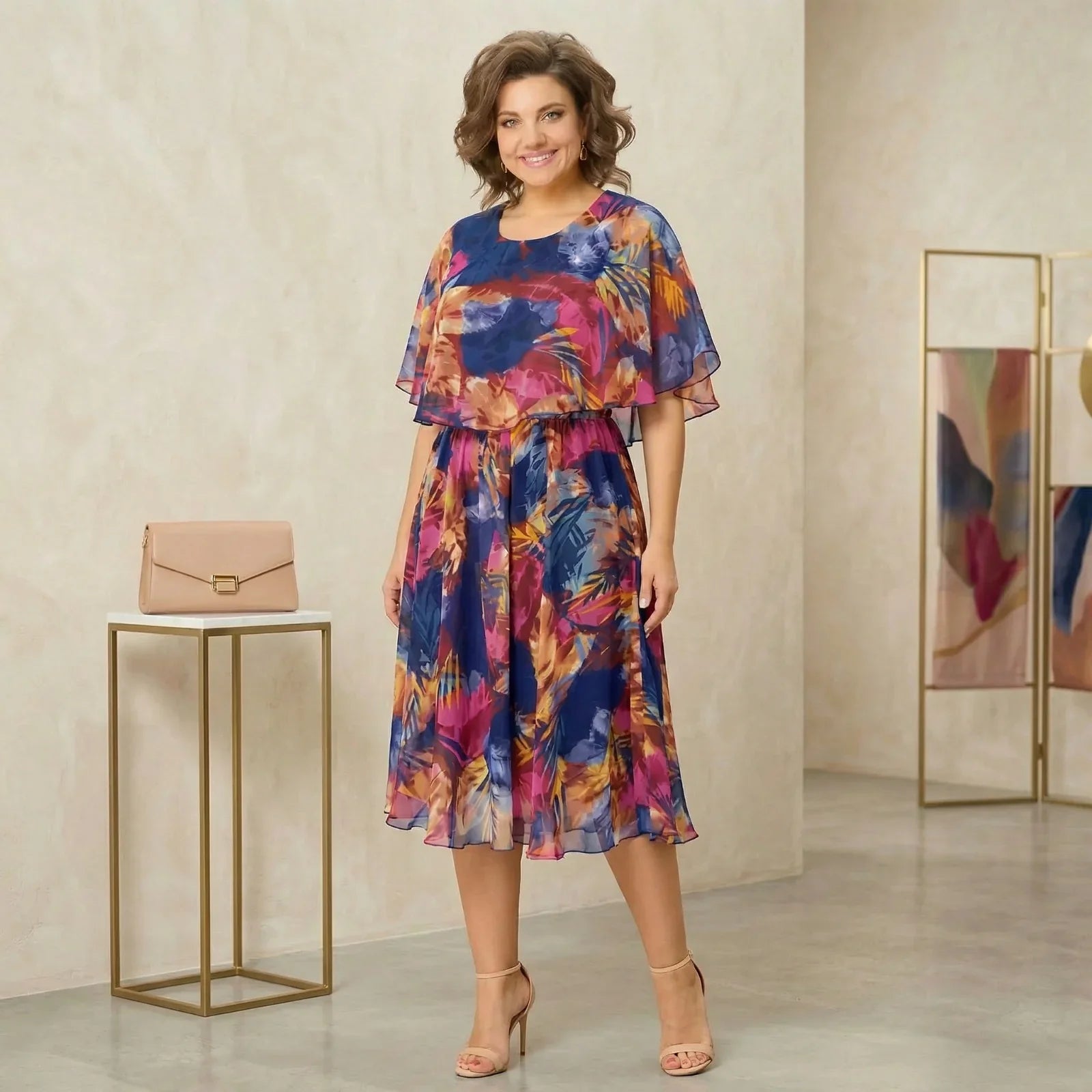 Garden Glow™ Printed Midi Dress with Overlay