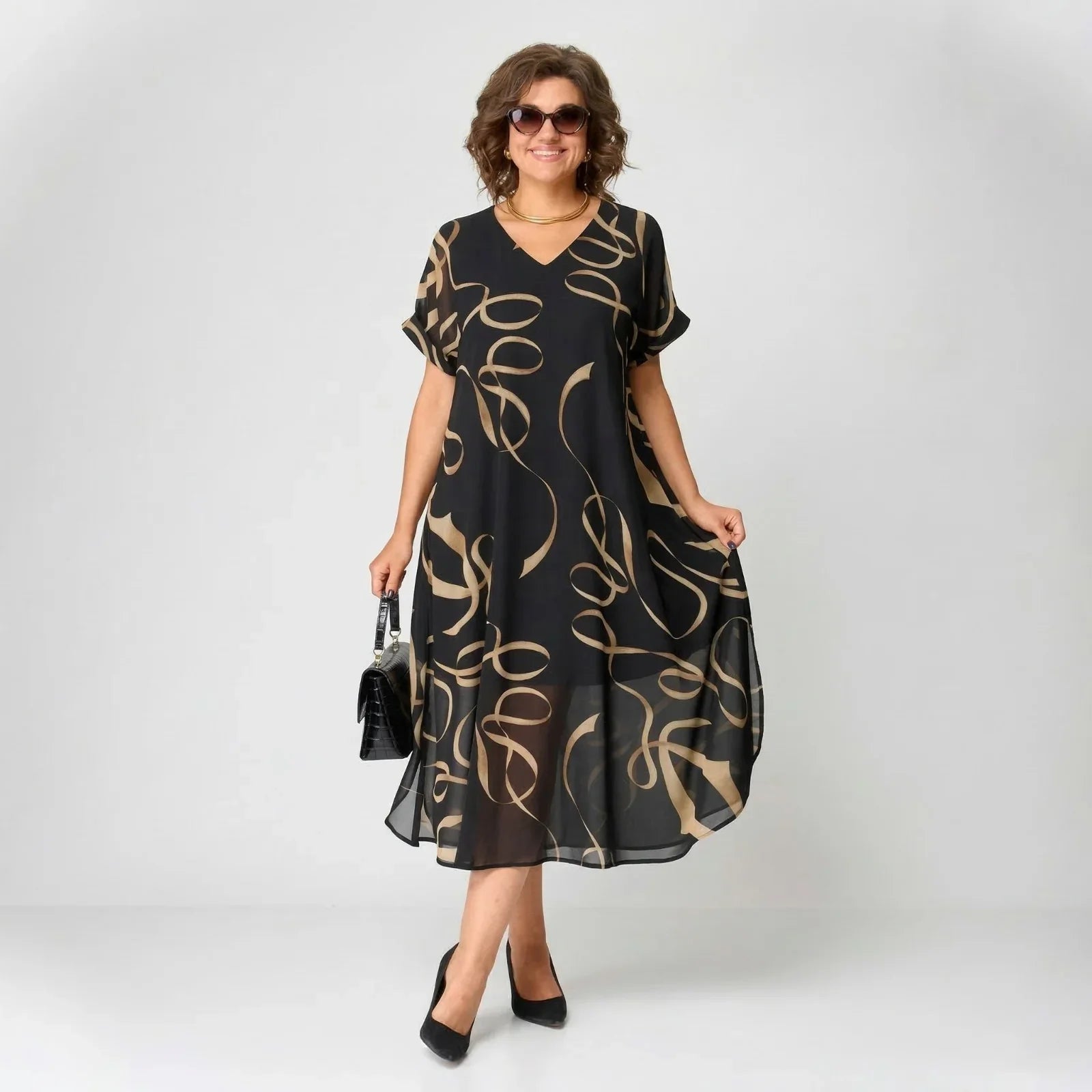 Francesca™ Dress with Ruffle and Golden Print