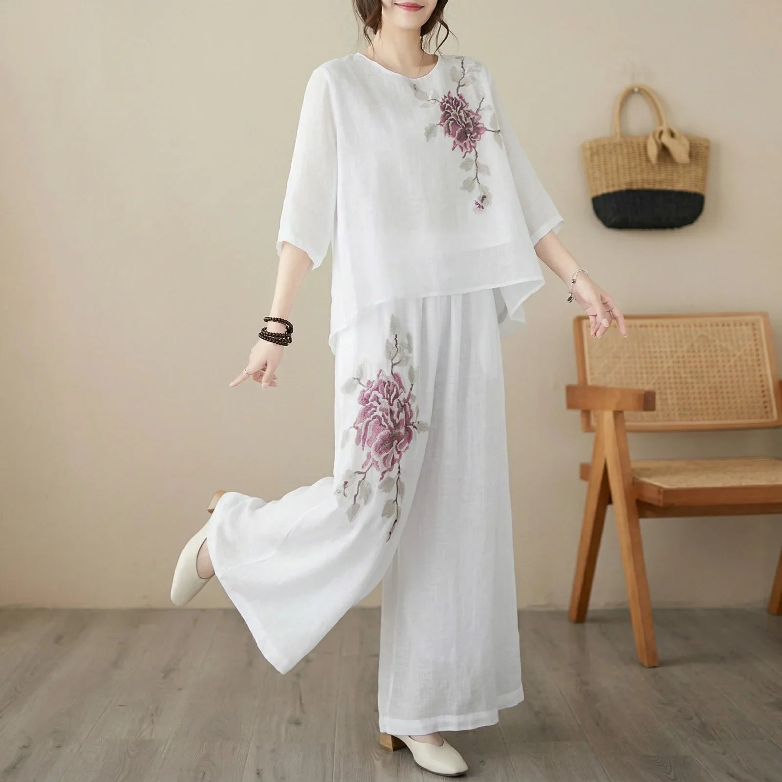 Nicole™ Cotton Linen Set with Delicate Floral Embroidery and Wide Leg Pants
