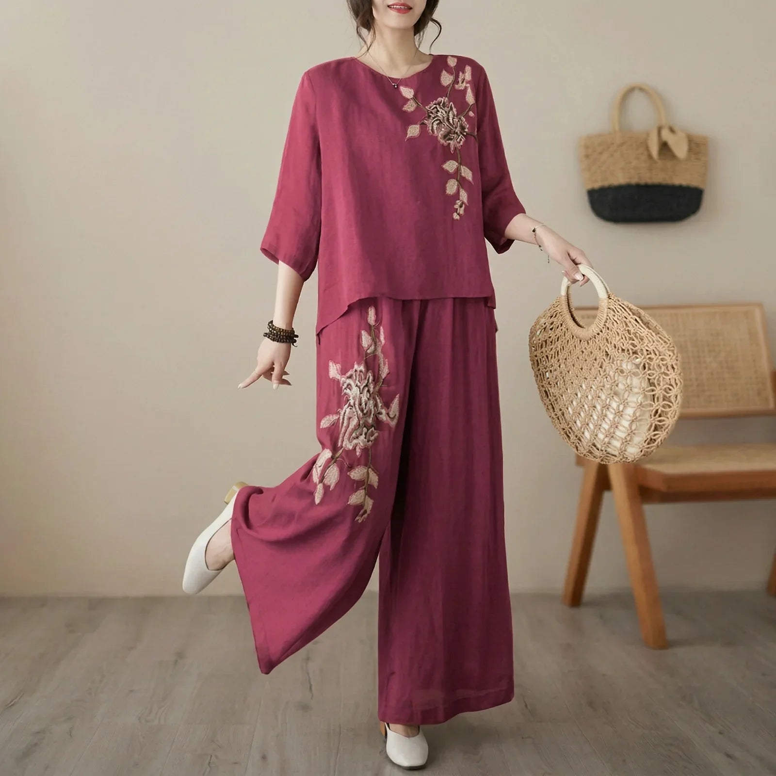 Nicole™ Cotton Linen Set with Delicate Floral Embroidery and Wide Leg Pants