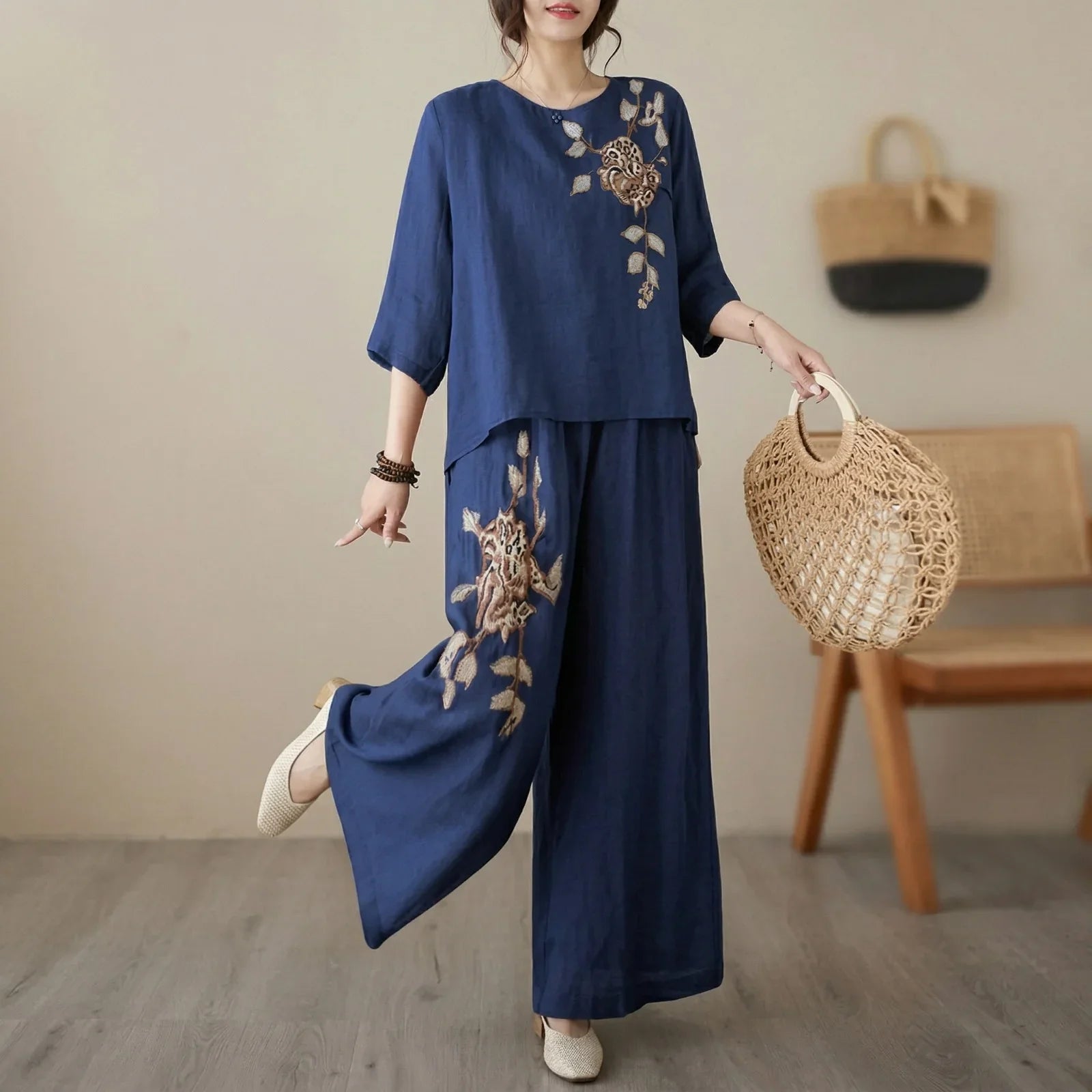 Nicole™ Cotton Linen Set with Delicate Floral Embroidery and Wide Leg Pants