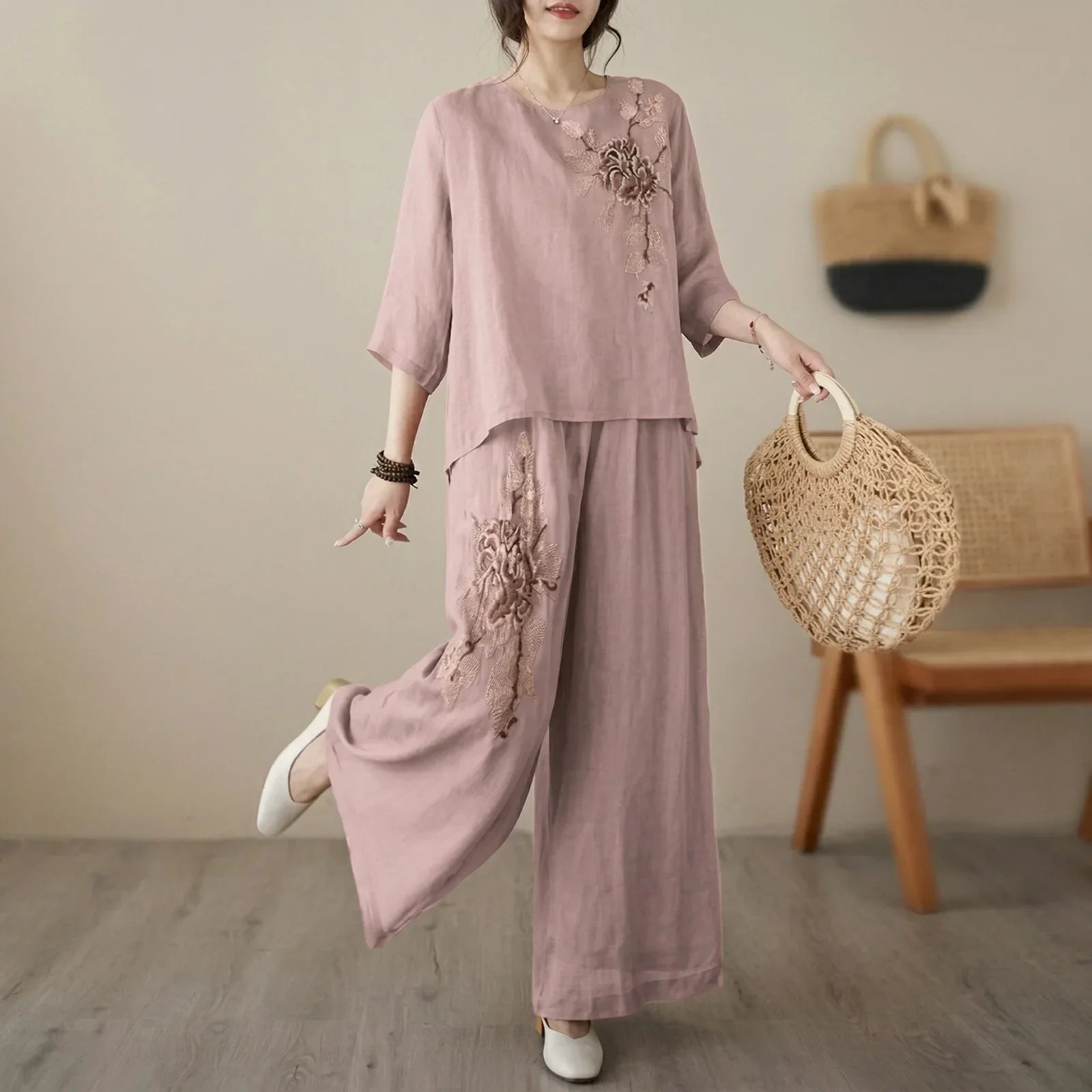 Nicole™ Cotton Linen Set with Delicate Floral Embroidery and Wide Leg Pants