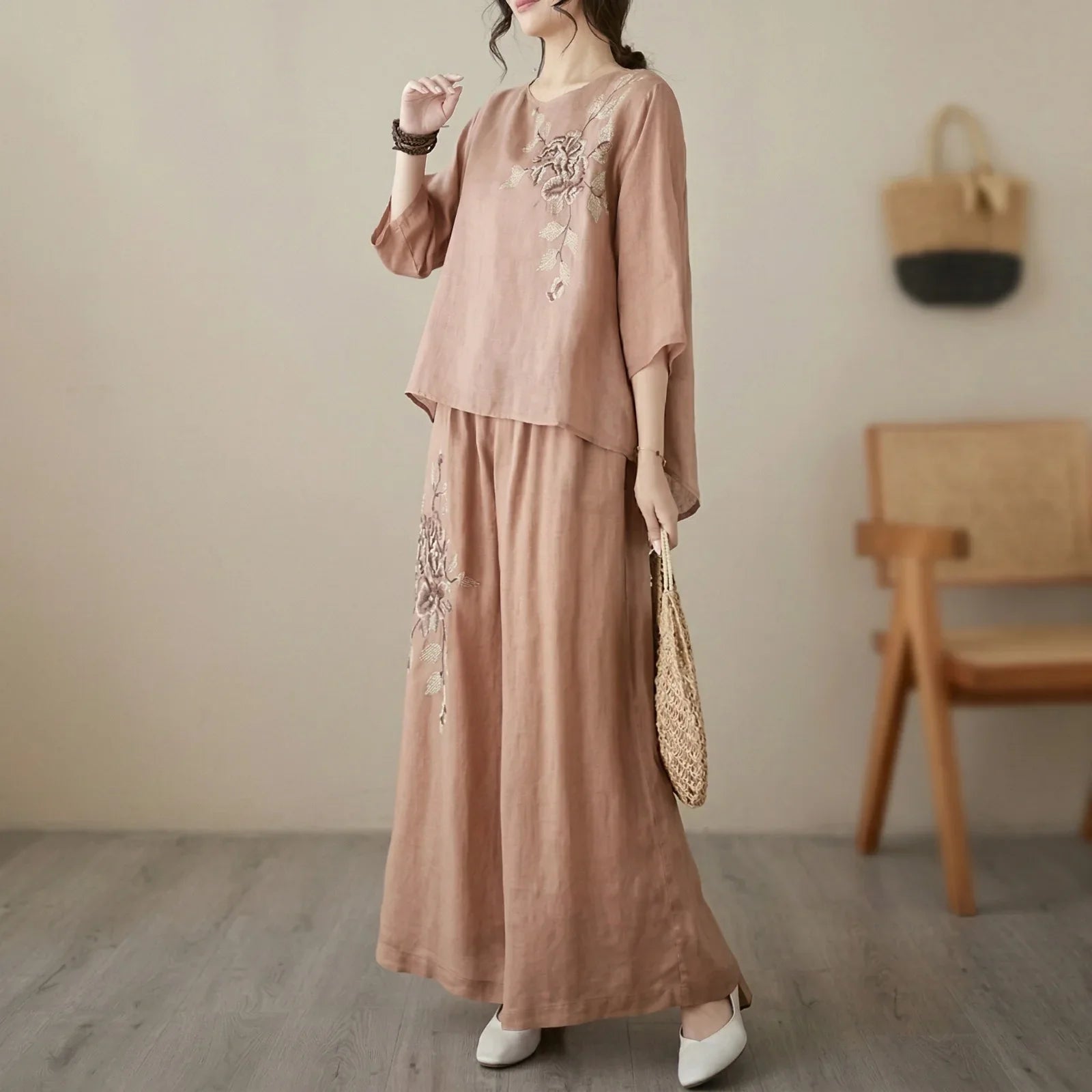 Nicole™ Cotton Linen Set with Delicate Floral Embroidery and Wide Leg Pants