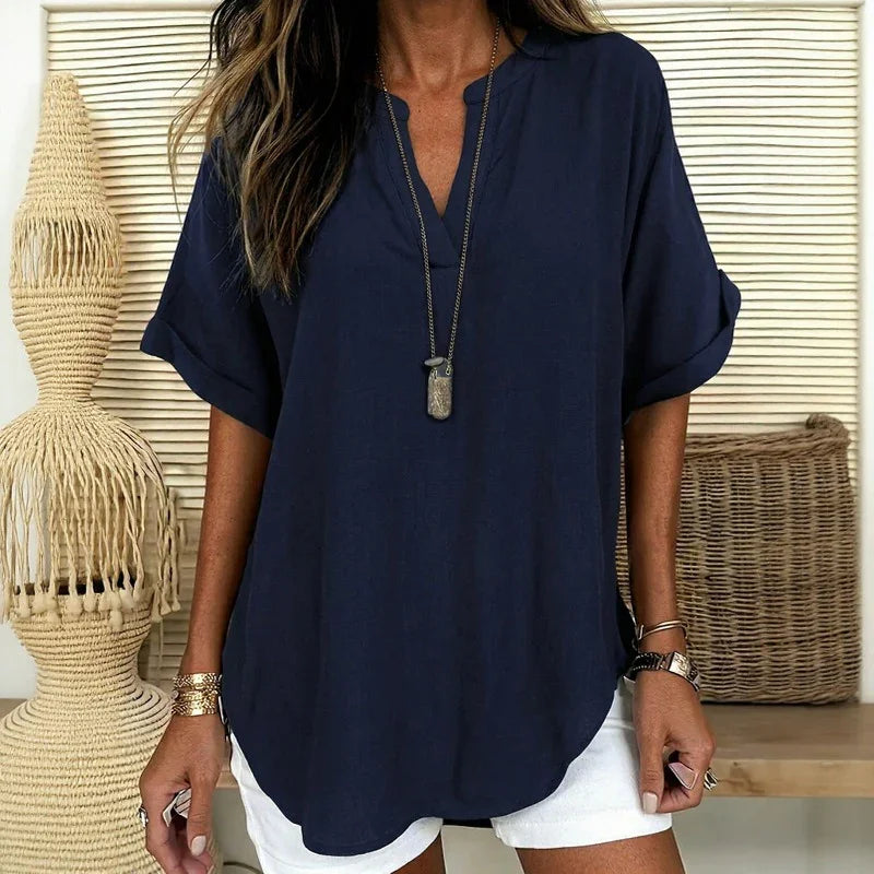 Maya™ Top with a Delicate Curved Hem and a V-Neck with Cutout