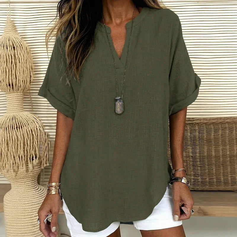Maya™ Top with a Delicate Curved Hem and a V-Neck with Cutout