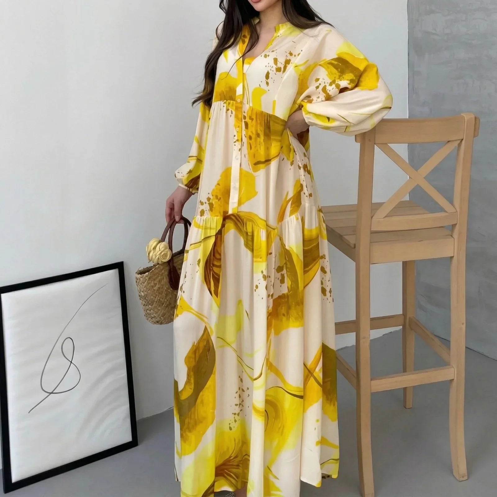 Marrakech™ Long Dress with Artistic Prints and Puff Sleeves