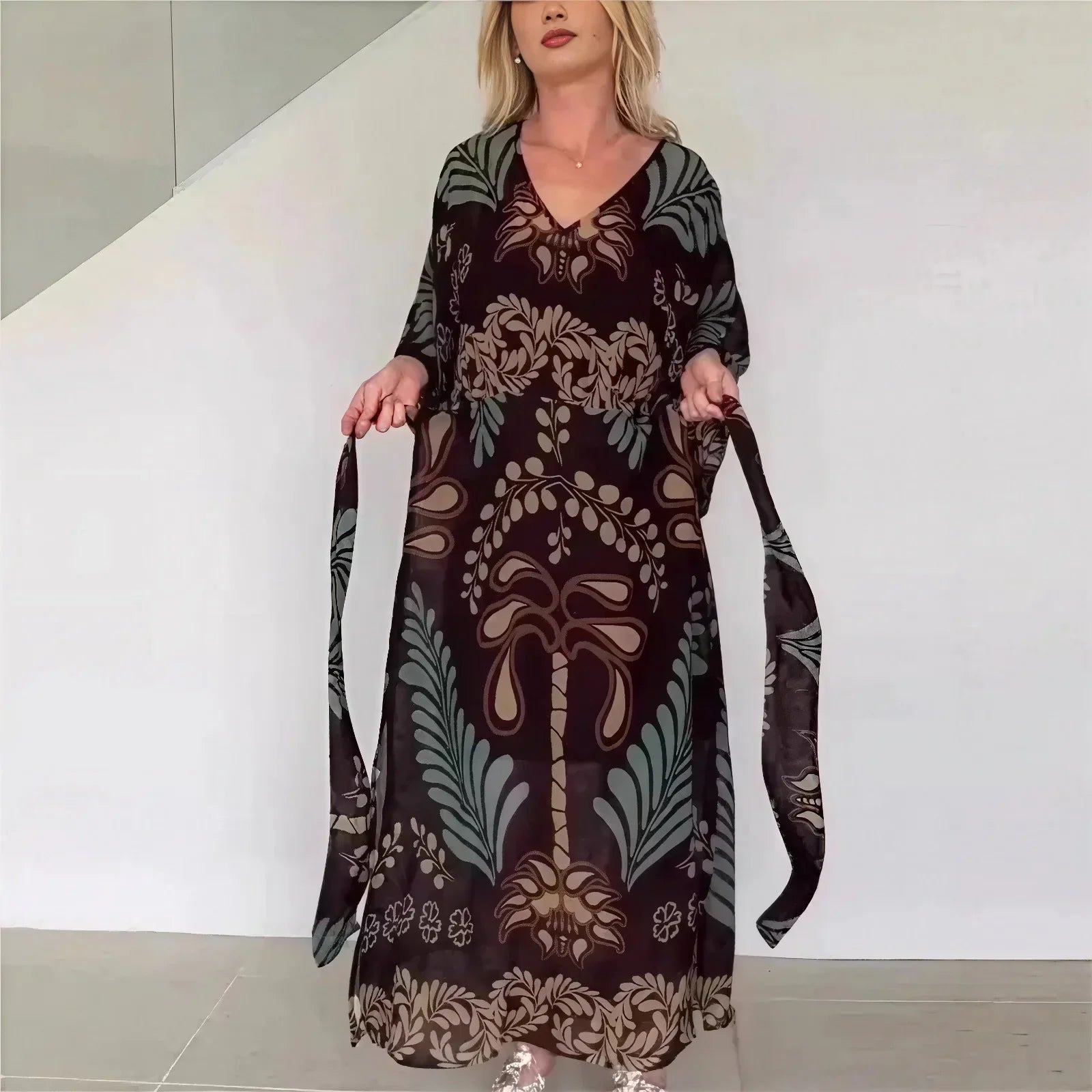 Orlena™ Kaftan Dress with Artistic Print and Adjustable Waistband