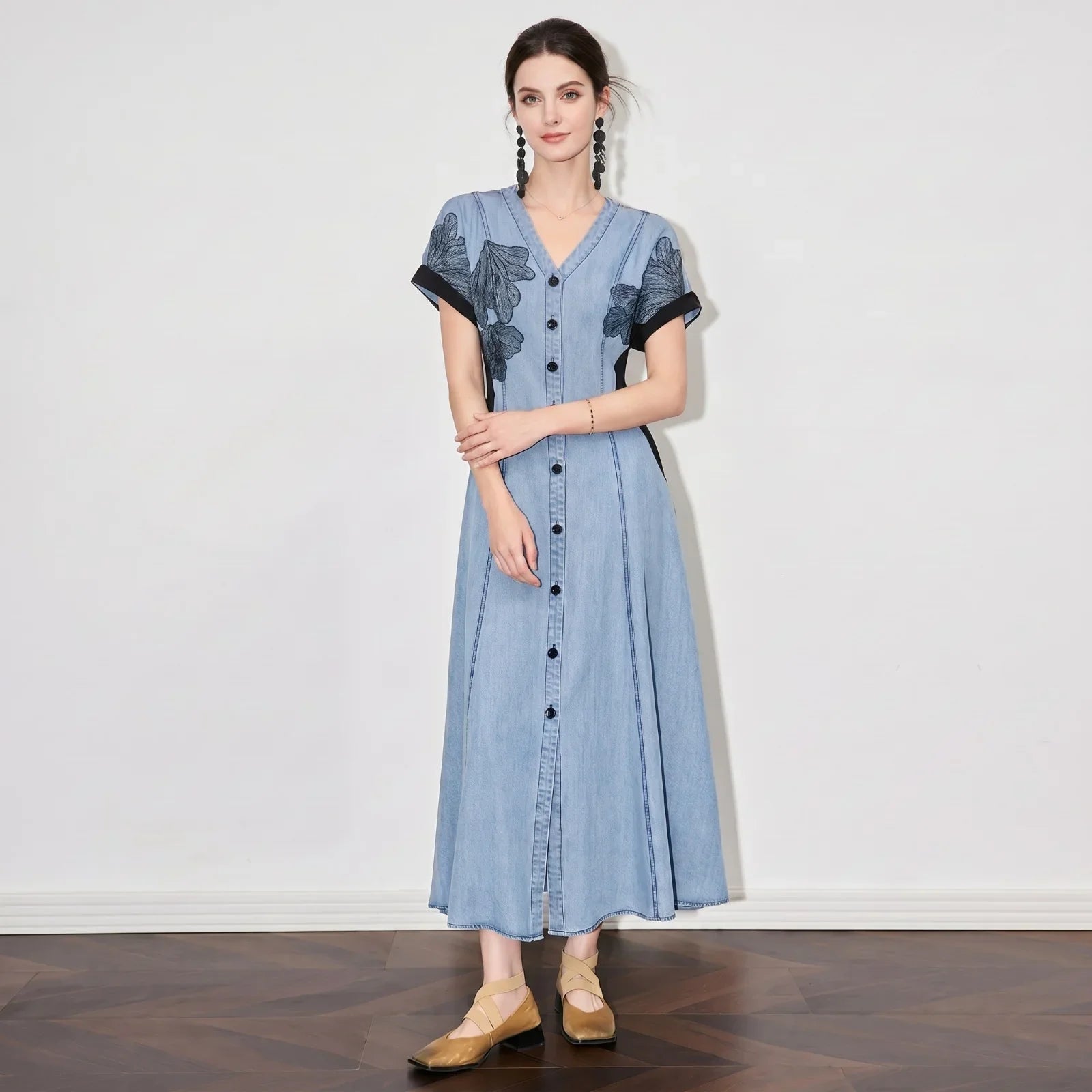 Dawn™ Denim Dress with Embroidery and Button Closure