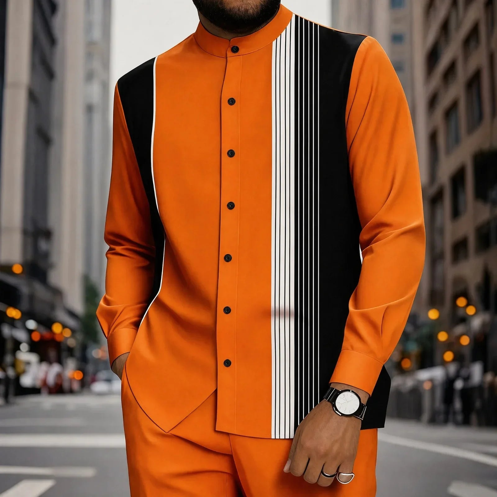Mumbai™ Set with Mandarin Collar and Modern Striped Detail