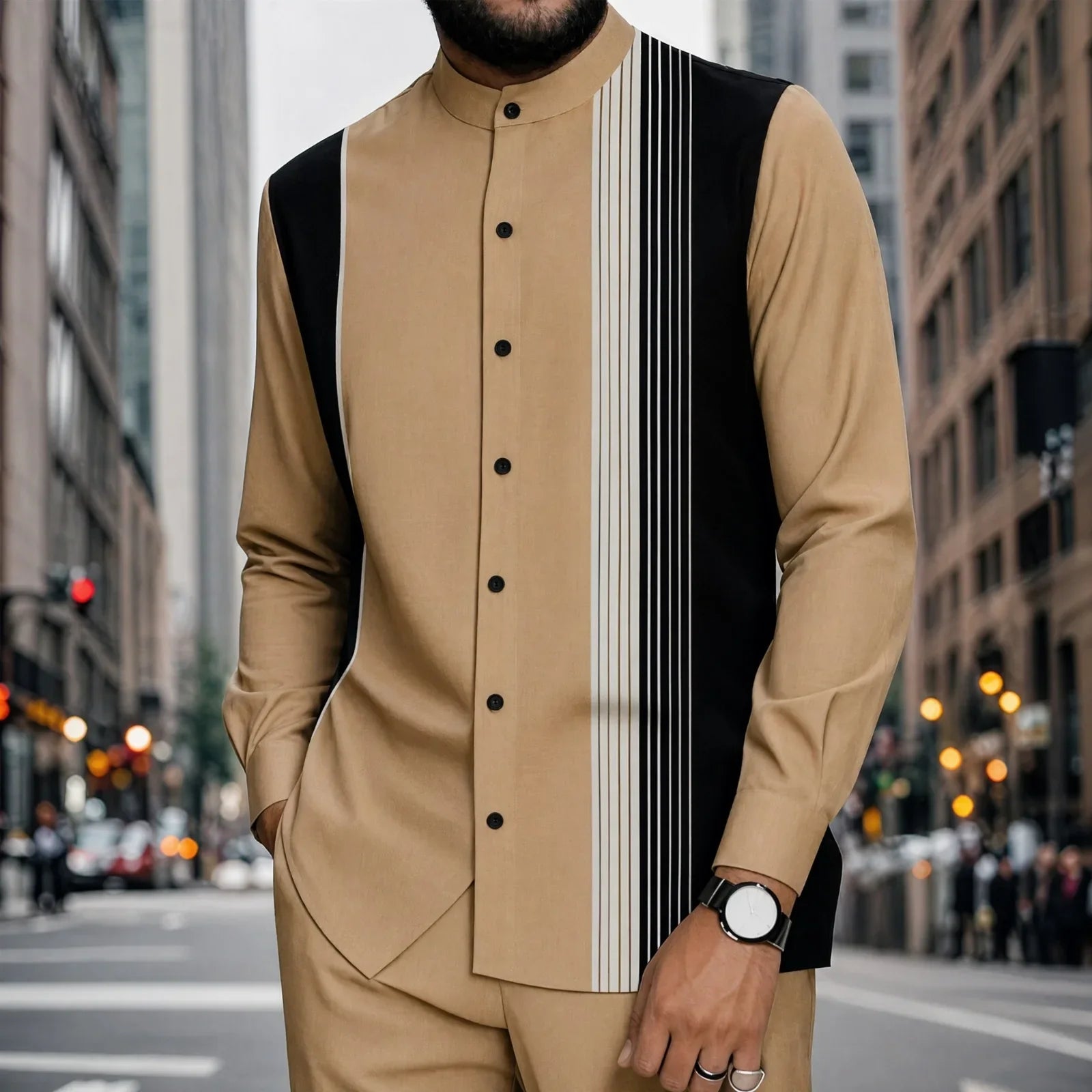 Mumbai™ Set with Mandarin Collar and Modern Striped Detail