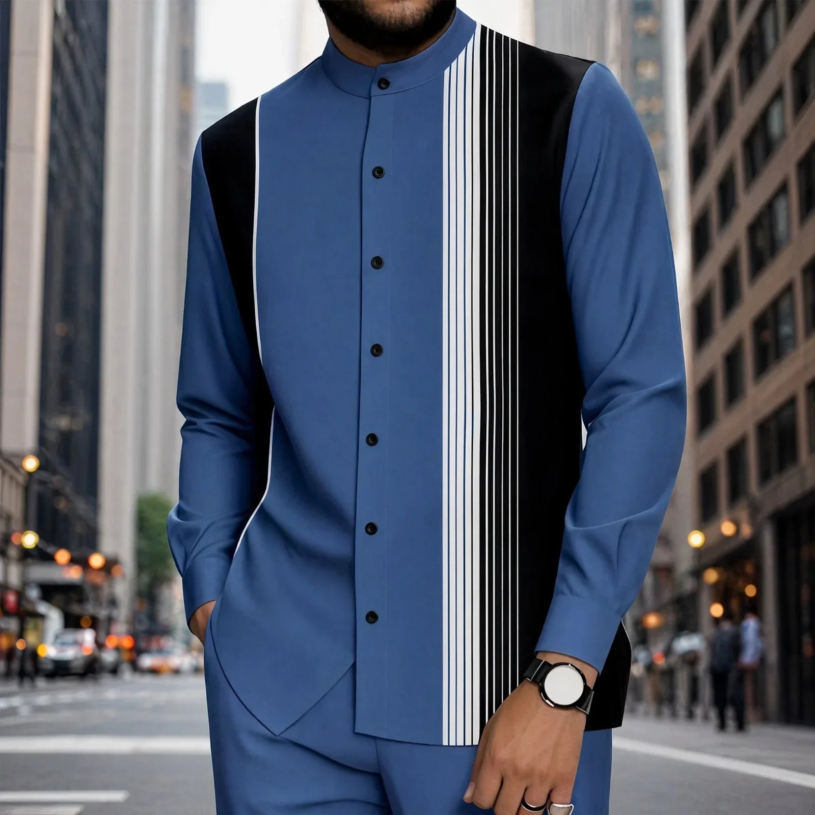 Mumbai™ Set with Mandarin Collar and Modern Striped Detail