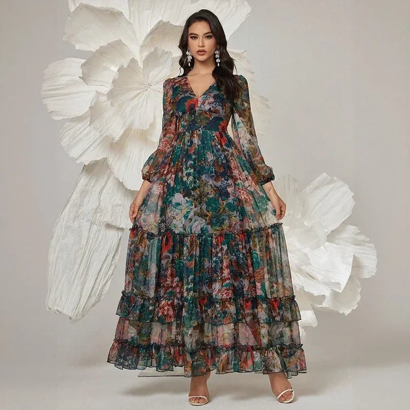 Orphélia™ Dress with Luxurious Artistic Print and Flowing Layers