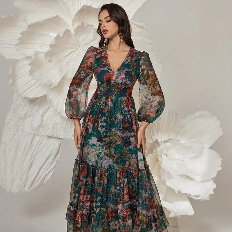 Orphélia™ Dress with Luxurious Artistic Print and Flowing Layers