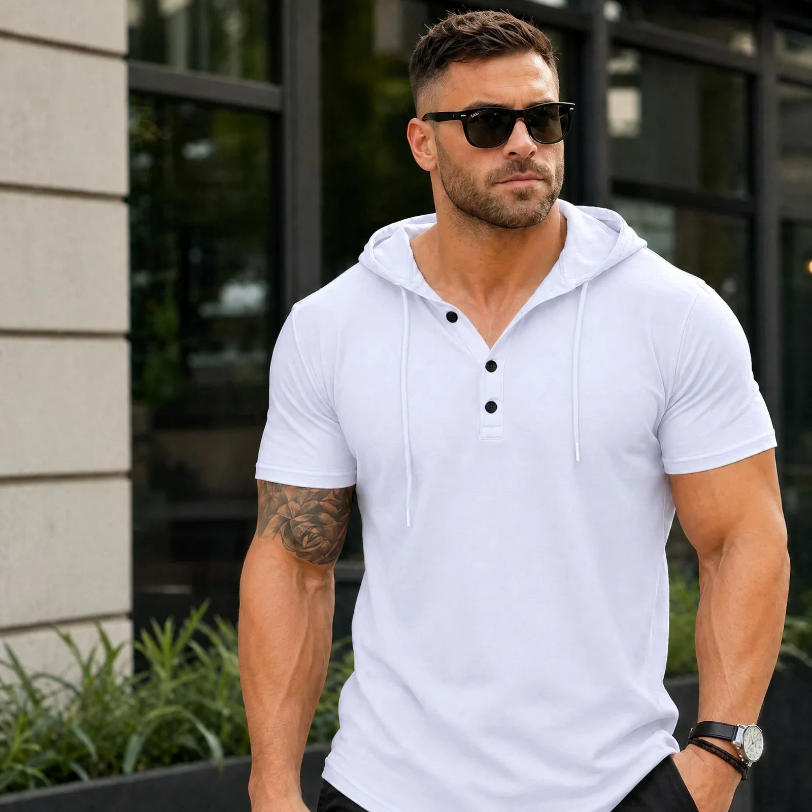 Austin™ Hooded T-Shirt with Front Buttons