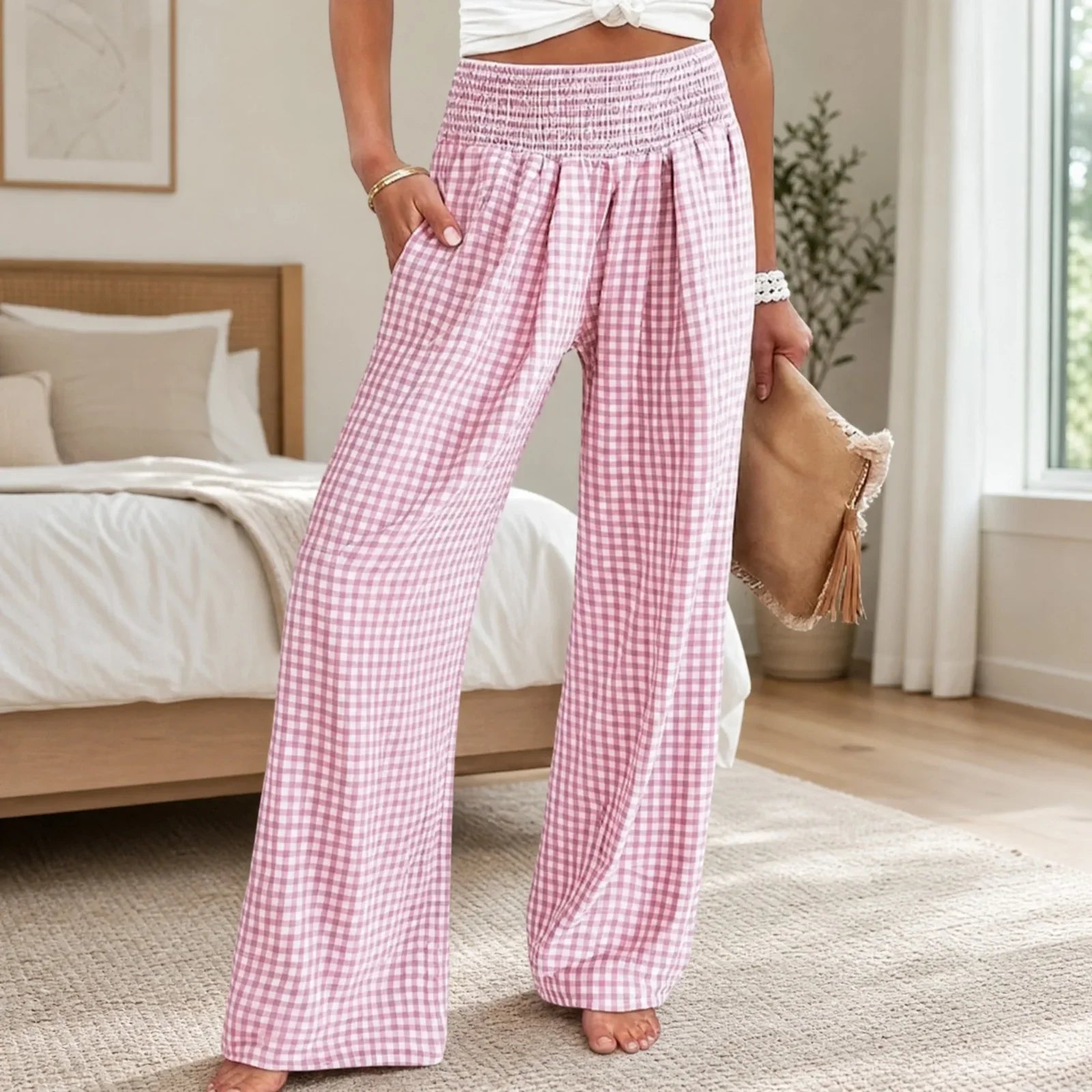 Summer™ Cotton Linen Trousers with Plaid Print